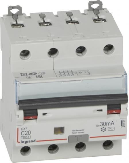 ДТЗ комбинирана DX3 4P 20A крива C 30mA тип AC 6kA 4 мод. Legrand, LEGRAND НИСКО НАПРЕЖЕНИЕ, 411187