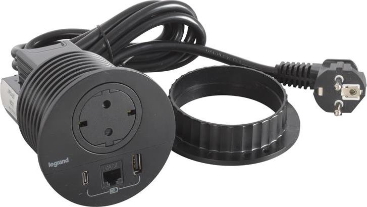 Модул за вграждане в бюро с 1х Шуко, USB тип A+C и 1х RJ45 Cat.6 UTP, кабел 2m, Ø80mm, цвят ЧЕРЕН, Incara Disq Legrand, LEGRAND, 654711