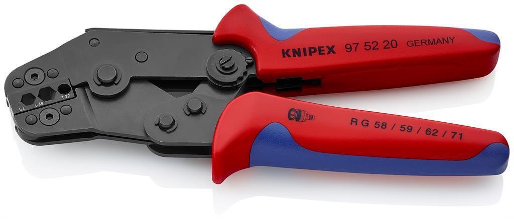 Клещи за кримпване на BNC конектори RG59, закалени, синьо-червена ръкохватка 195мм, с пружина, Knipex - K975220