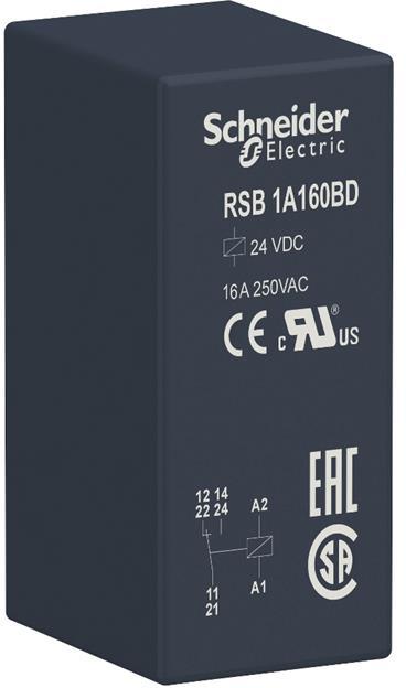 Реле интерфейсно RSB 24 VDC, 16A, 1 превключващ контакт, монтаж в цокъл SE, SCHNEIDER ELECTRIC НИСКО НАПРЕЖЕНИЕ, RSB1A160BD