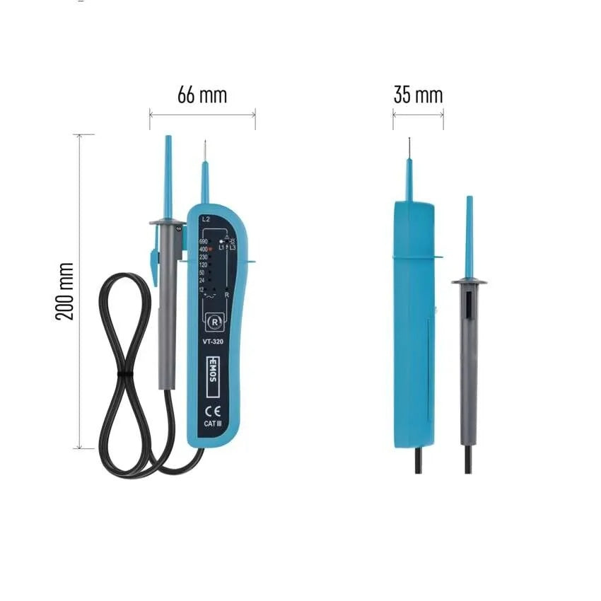 Детектор на напрежение със сонди CAT III 12…690Vac/dc, LED и звук, VT-320 EMOS, M0012AN