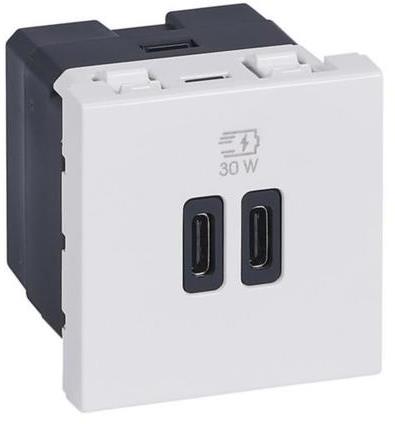 Розетка 2xUSB за зареждане тип C Power Delivery 30W 2 мод. цвят Бял Mosaic Legrand, LEGRAND, 77631L