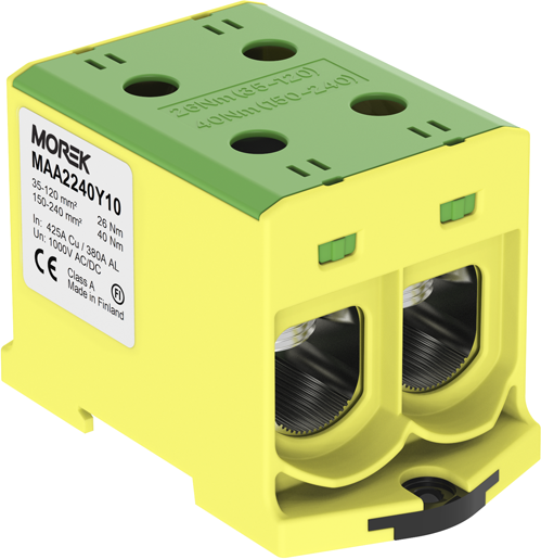 Тунелна клема ЖЪЛТО-ЗЕЛЕНА 1P 425A с 4 отвора OTL240-2 2xAl/Cu 35-240mm² 1000V MOREK, MAA2240Y10