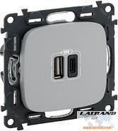 Розетка 2хUSB за зареждане тип A+C 5V 3A 15W цвят Алуминий Valena Allure (комплект с механизъм) Legrand - 754967