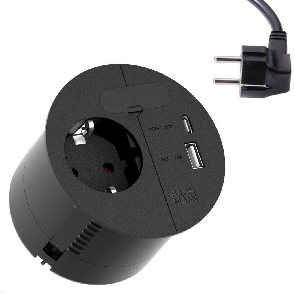 Модул LOOP IN CHARGE с 1x Шуко и USB A+C Power Delivery 22W Ф80мм, с кабел 2м, цвят Черен, Bachmann, BACHMANN, B938.201
