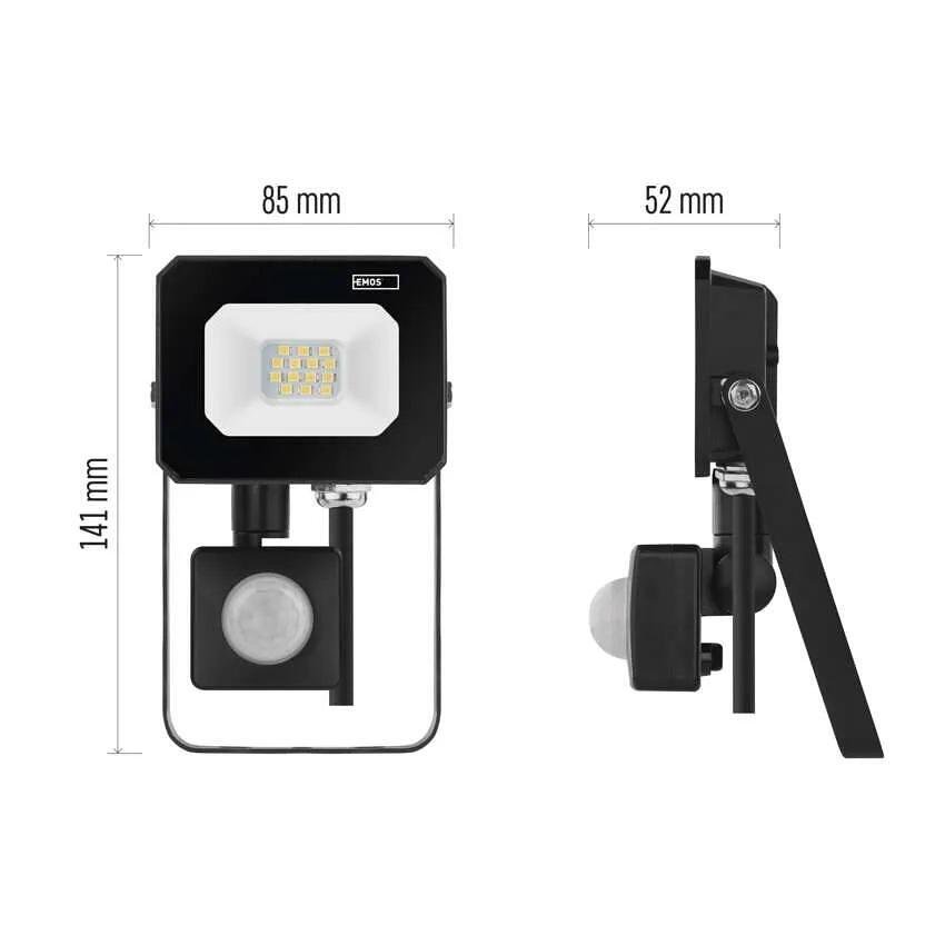 Прожектор LED 10W 4000K 1000lm 120° x 120° 25000h IP44 черен с датчик SIMPO EMOS