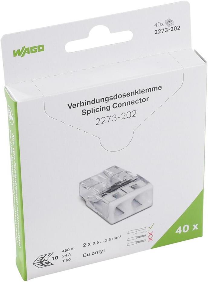 Бърза връзка 2х0,5-2,5 mm2 бяла за твърд проводник (блистер 40 бр.) Wago, WAGO, 2273-202/995-040