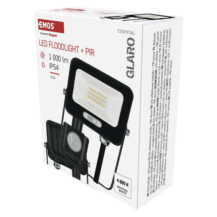 Прожектор LED 10W 4000K 1000lm 120° x 120° 20000h IP65 черен с датчик GLARO EMOS, ZS2314B