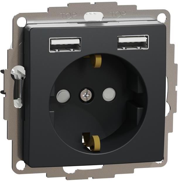 Контакт шуко с детска защита авт. и USB тип A+A 2.4A 12W цвят Антрацит Sedna SE