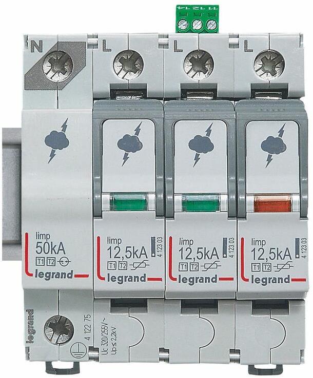 Катоден отводител тип 1+2 SPD 12.5kA 320V 3P+N L с индикация Legrand, LEGRAND НИСКО НАПРЕЖЕНИЕ, 412275
