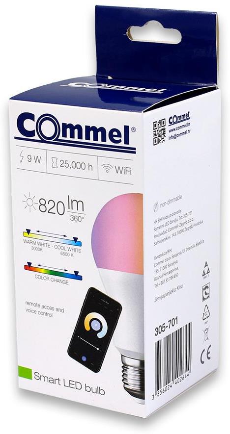 Лампа LED 9W RGBW E27 A60 820lm 220° димируема 25000h Wi-Fi Commel IoT, COMMEL, C305-701
