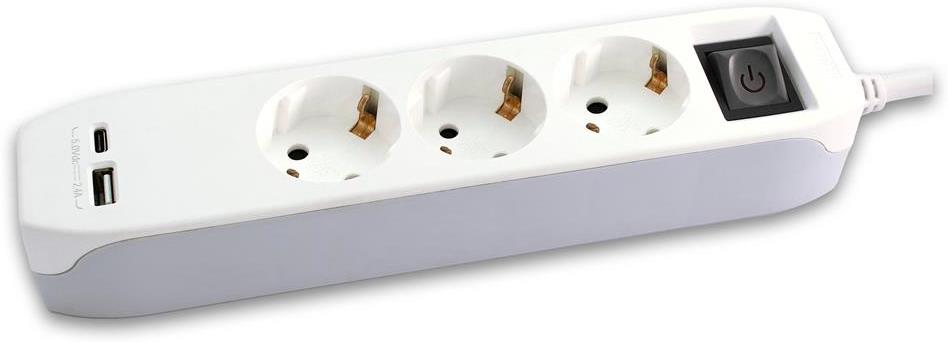 Разклонител с копче БЯЛ 3x2P+E и USB тип А+C 2.4A 12W, с кабел 1.4 метра / 1.5mm2 Commel, COMMEL, C234-405