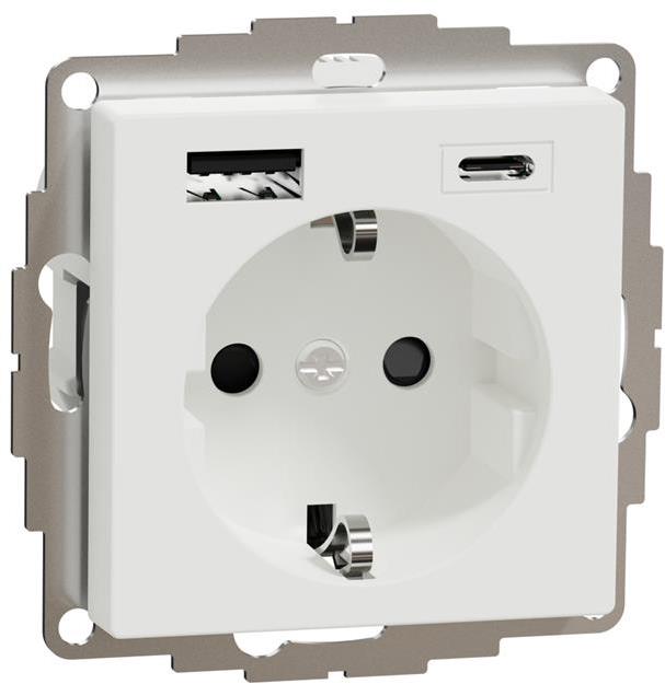 Механизъм контакт шуко 16A + USB A+C 3A 15W с лицев панел цвят Активно бял System M  Merten SE /до изчерпване/, SCHNEIDER ELECTRIC, MTN2367-0325