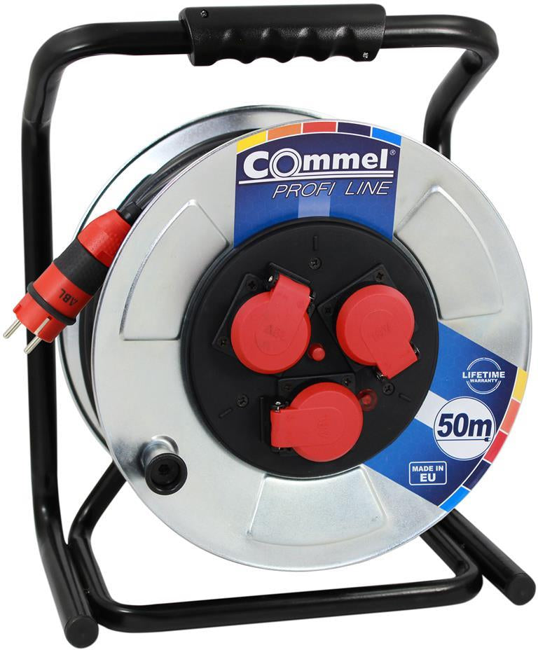 Макара метална 50м IP44 AT H05RR-F 3G2.5mm2 черен термична защита 3 шуко квадратна рамка Commel, COMMEL, C200-325