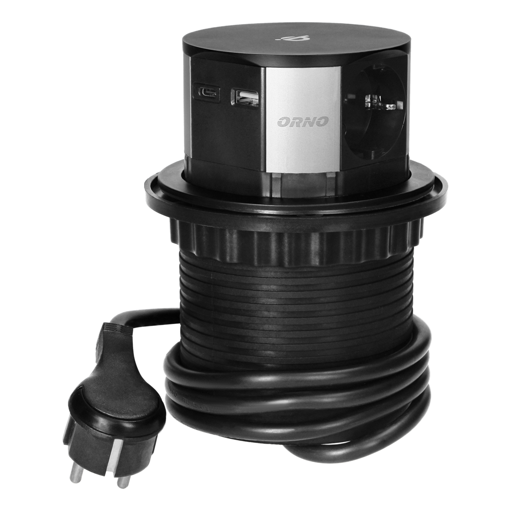Мебелна колона Pop-Up, с контакти 3х шуко, 2х USB тип A+C, индуктивно зарядно 10W, кабел 1.5m, Ø100mm, ORNO, OR-GM-9017(GS)