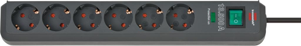 Разклонител с копче ЧЕРЕН 6x2P+E с гръмозащита с кабел 1.5 метра / 1.5mm2 Eco-Line Brennenstuhl, 1159700015