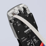 Инструмент за кримпване на RJ45, RJ11 и RJ10, заголване и рязане, синьо-червена ръкохватка 200мм, с пружина, Knipex - K975112