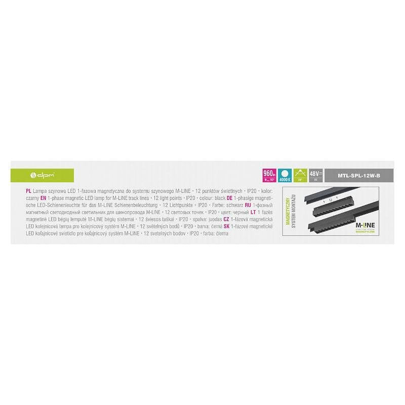 Линейна магнитна лампа за релсова система M-LINE, черна, 12 W, 960 lm, 4000 K, DPM, MTL-SPL-12W-B