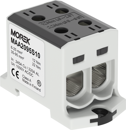 Тунелна клема ЧЕРНА 1P 245A с 4 отвора OTL95-2 2xAl/Cu 6-95mm² 1000V MOREK, MAA2095S10