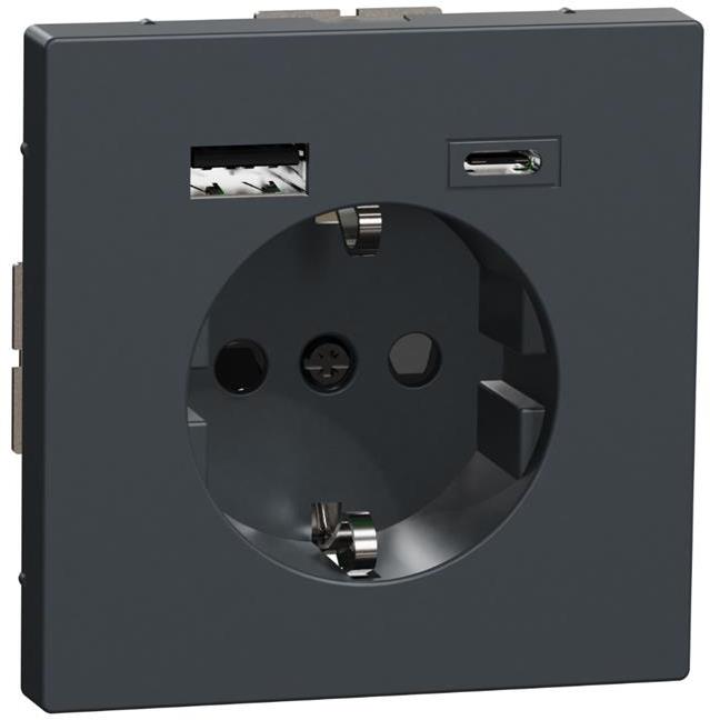 Механизъм контакт шуко 16A + USB A+C 3A 15W с лицев панел цвят Антрацит System Design Merten SE /до изчерпване/, SCHNEIDER ELECTRIC, MTN2367-6034