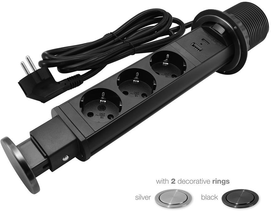 Мебелна колона Pop-Up, с контакти 3х шуко, 2х USB тип A+C, кабел 2m, Ø60mm, цвят ЧЕРЕН, Commel, COMMEL, C235-121
