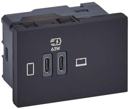 Розетка 2xUSB за зареждане тип C Power Delivery 63W 3 мод. цвят Черен Mosaic Legrand, LEGRAND, 77675L
