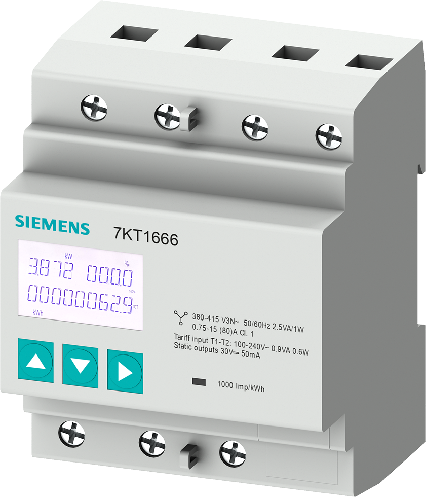 Трифазен електромер за ДИРЕКТНО мерене на ел. енергия SENTRON, Modbus, 2 тарифи, за DIN монтаж 4 мод, 80A, MID Siemens, SIEMENS, 7KT1666-0EE00-0EE0