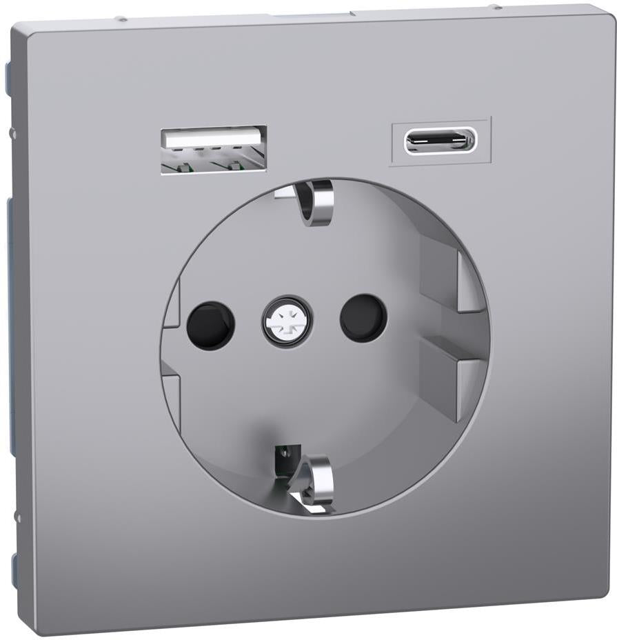 Механизъм контакт шуко 16A + USB A+C 3A 15W с лицев панел цвят Неръждаема стомана System Design Merten SE, SCHNEIDER ELECTRIC, MEG2367-6036