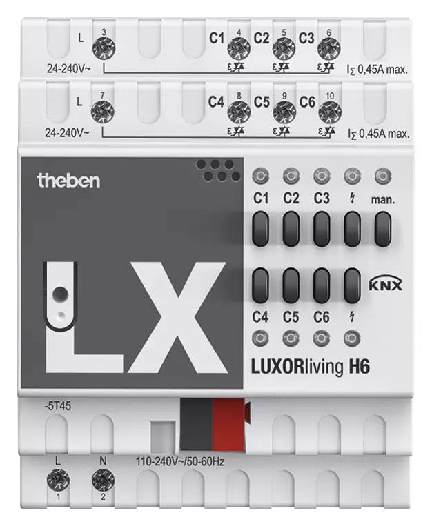 Актуатор вентили с ръчно управление H6 6x 24…250Vac 4DIN LUXORliving Theben, KNX, 4800440