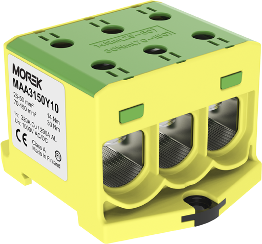Тунелна клема ЖЪЛТО-ЗЕЛЕНА 1P 320A с 6 отвора OTL150-3 3xAl/Cu 25-150mm² 1000V MOREK, MAA3150Y10