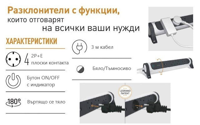 Разклонител БЯЛ 4x2P+E с кабел 3 метра / 3x1.5мм2 Premium NEW Legrand, LEGRAND, 694536