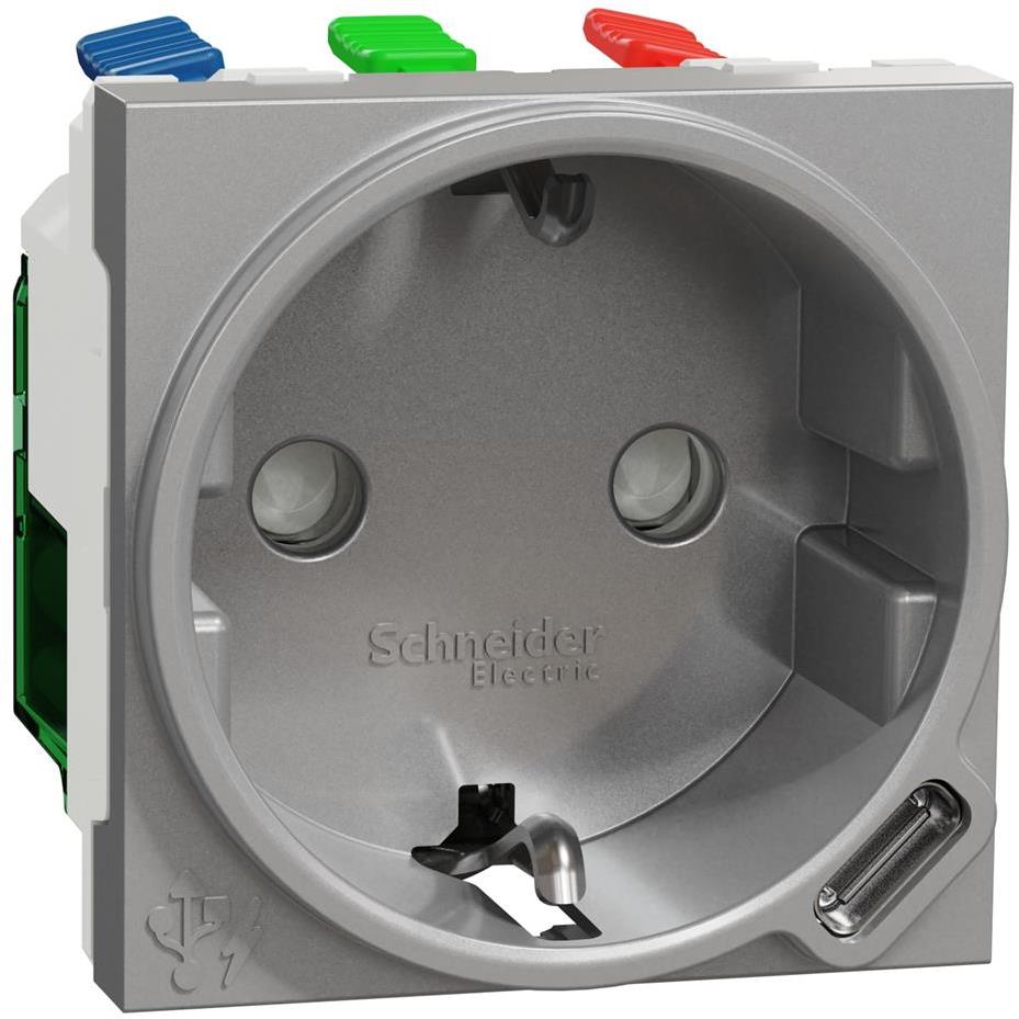 Контакт шуко с детска защита авт. и USB тип C 2 мод. цвят Алуминий Unica SE, SCHNEIDER ELECTRIC, NU301730