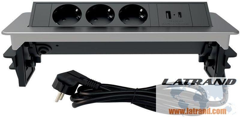Мебелна кутия Pop-Up, с контакти 3х шуко, 2х USB тип A+C, кабел 2m, цвят ИНОКС, Commel - C235-101