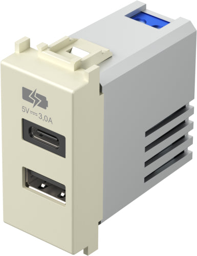 Розетка 2хUSB за зареждане тип A+C 3A 15W 1 мод. цвят Крем гланц Modul TEM /до изчерпване/, EM68IW