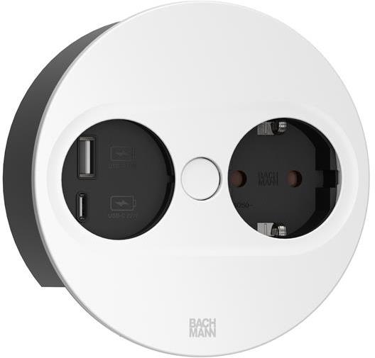Модул TWIST 2 КРЪГЪЛ с 1х Шуко и USB тип A+C, с кабел 2м, цвят Бял, Bachmann, BACHMANN, B946.204