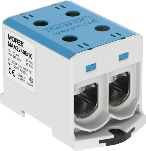 Тунелна клема СИНЯ 1P 425A с 4 отвора OTL240-2 2xAl/Cu 35-240mm² 1000V MOREK, MAA2240B10