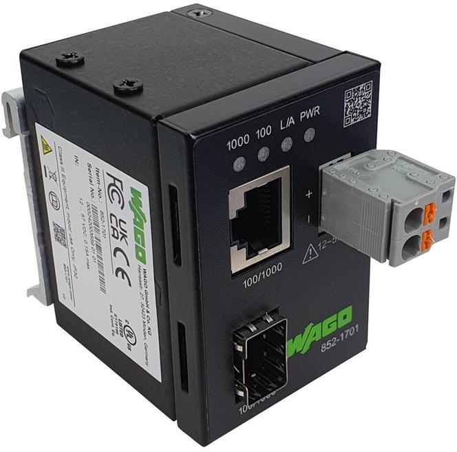 Медиен преобразувател, 1x 1 Gbps, за DIN монтаж, 12…57V DC Wago, WAGO, 852-1701