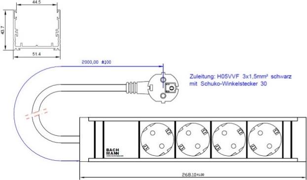 Разклонител ЧЕРЕН 4x2P+E с кабел 2 метра / 3x1.5мм2 CONNECT LINE, Bachmann, BACHMANN, B420.0017