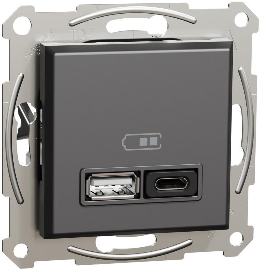 Розетка 2хUSB за зареждане тип A+C PD 45W цвят Антрацит Asfora SE, SCHNEIDER ELECTRIC, EPH2700471