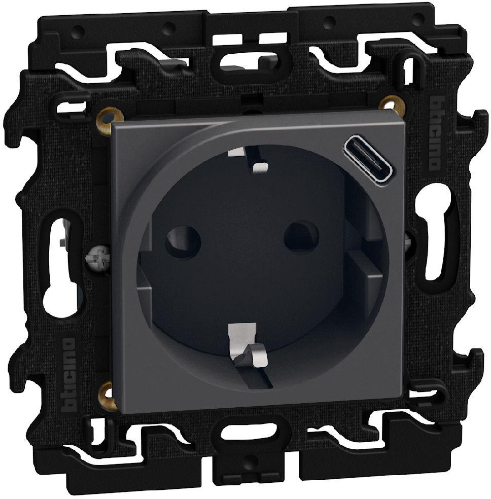 Контакт ШУКО 2P+E 16A + USB тип C 1.5A 7.5W с носеща рамка 2 мод. цвят Графит Light Now Bticino, BTICINO, YD4141USB