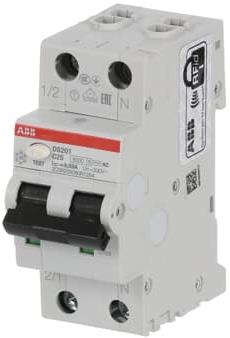 ДТЗ комбинирана DS201 1P+N 25A крива C 30mA тип AC 6kA 2 мод. ABB, 2CSR255080R1254