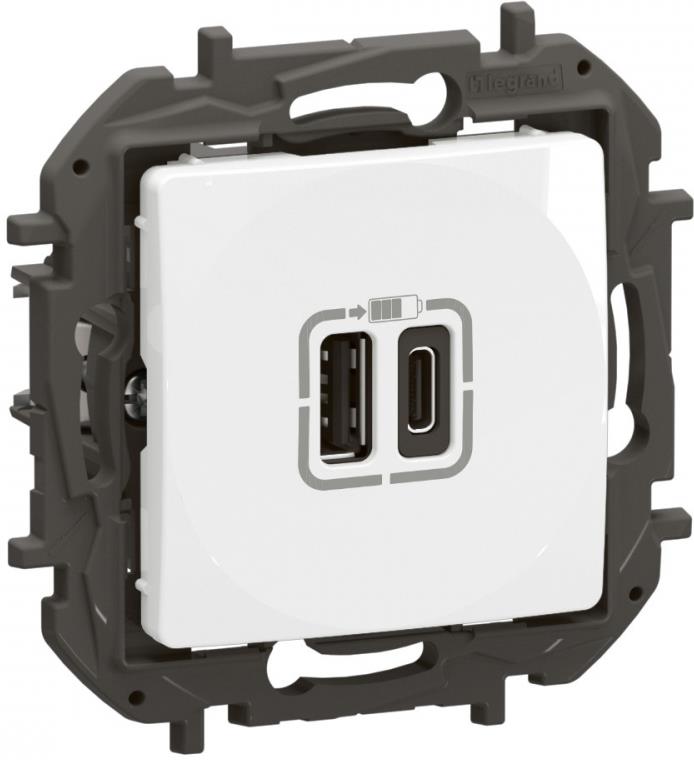 Розетка 2хUSB за зареждане тип A+C 3A 15W цвят Бял Niloe New Legrand, LEGRAND, NP3403WH