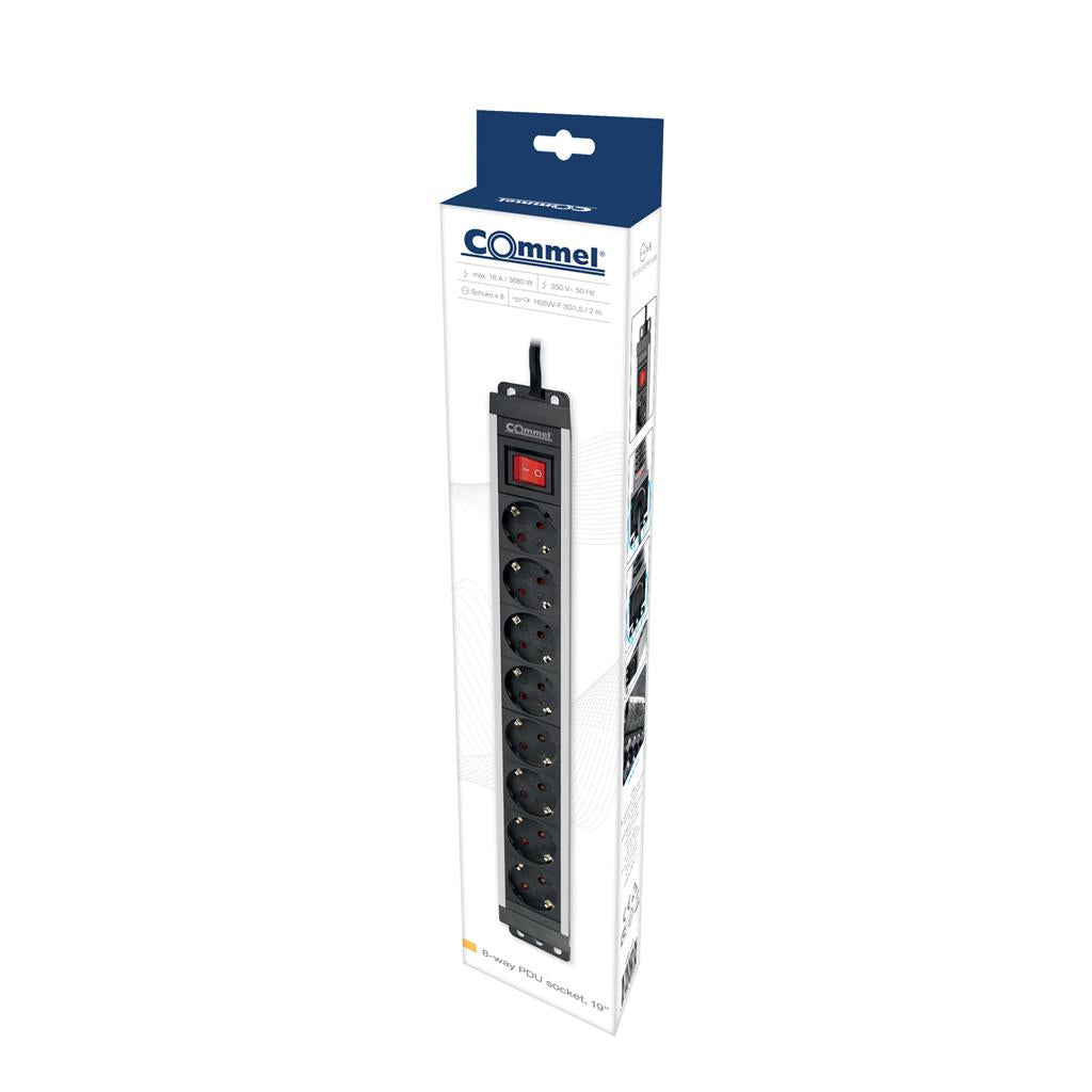 Разклонител PDU 19" 1U 8x ШУКО, с ключ, кабел 2м и щепсел универсален 16A Commel, COMMEL, C236-101