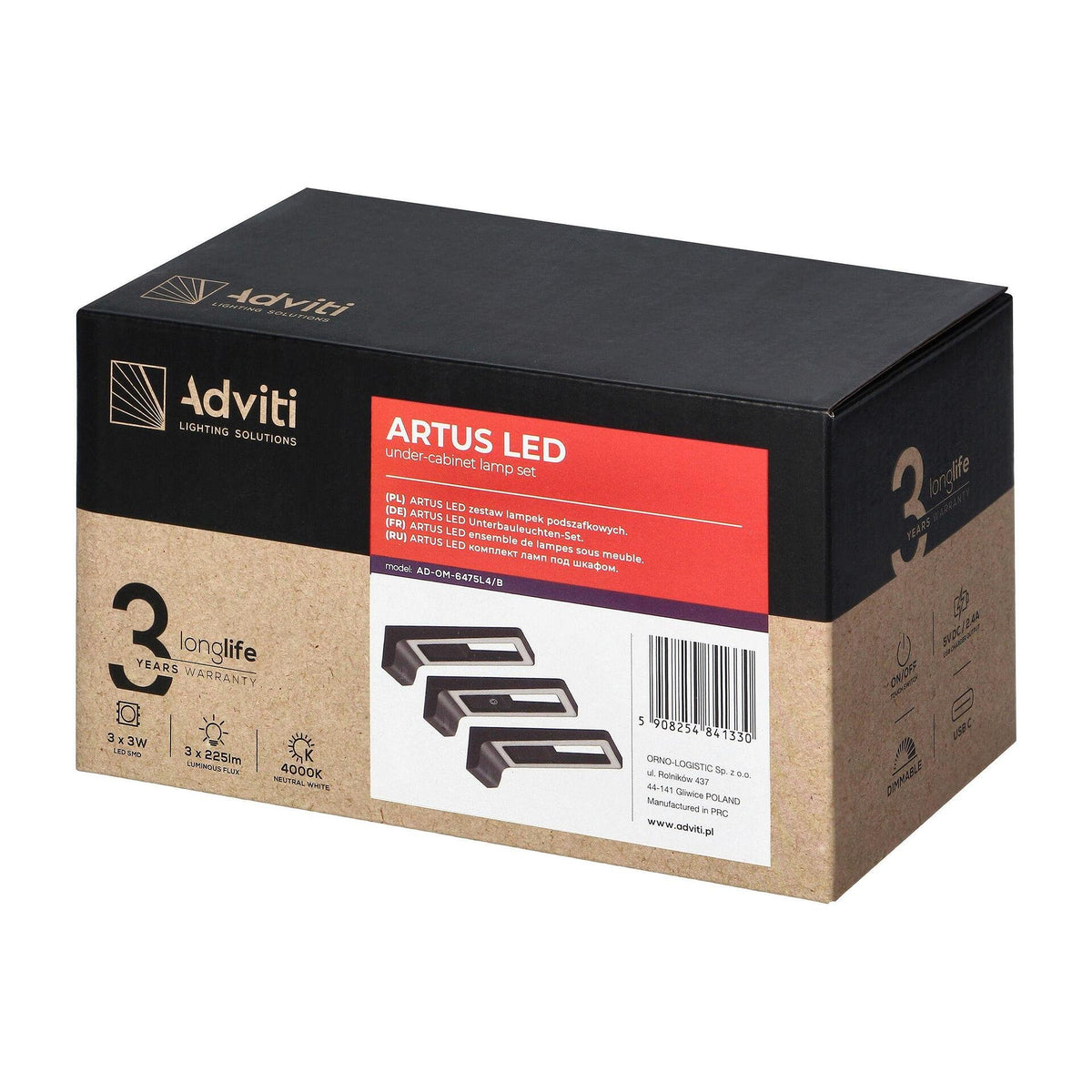 Комплект LED лампи за под  шкафове ARTUS, 3х3W, 3х225lm, 4000К, със сензорен превключвател и USB, черен, ADVITI, AD-OM-6475L4B