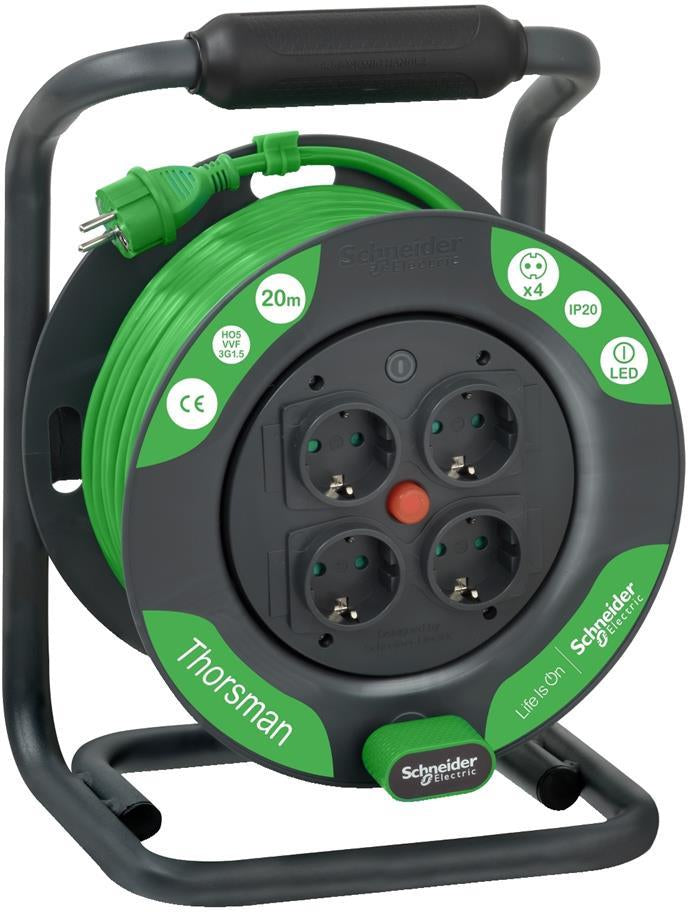 Макара Thorsman 20м IP20 H05VV-F 3G1.5mm2 термична защита 4x шуко SE, SCHNEIDER ELECTRIC, IMT33140