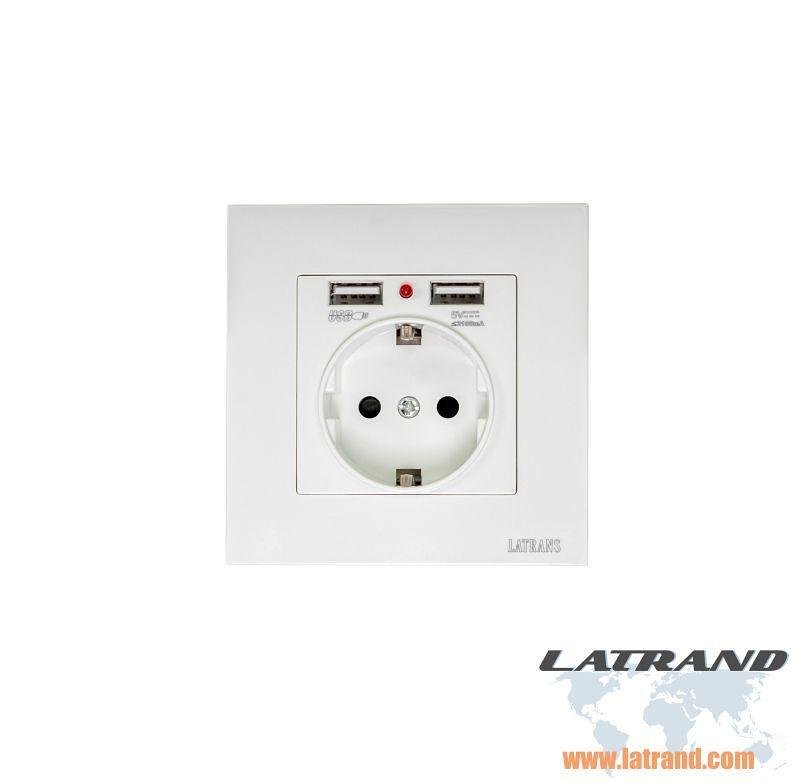 Единичен контакт  с 2хUSB бял  16А -250 V + две розетки - 1990, Latrans