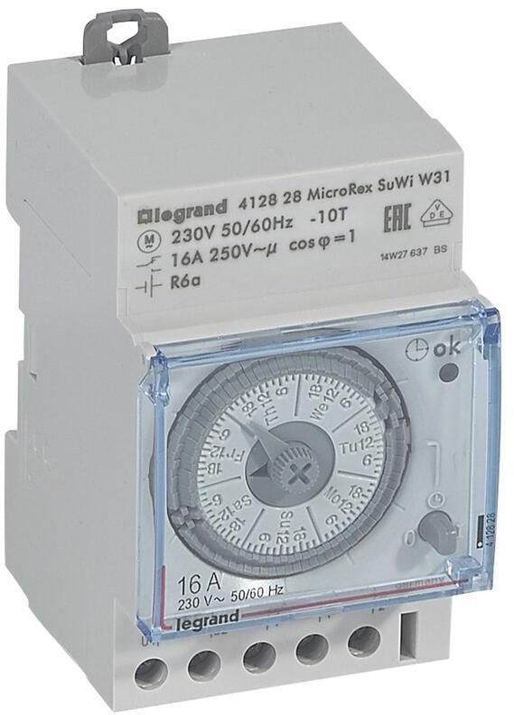 DIN Таймер Седмичен, MicroRex SuWi W31, 2 часа минмален интервал, автоматична настройка, 16A 3 модула Legrand, LEGRAND НИСКО НАПРЕЖЕНИЕ, 412828