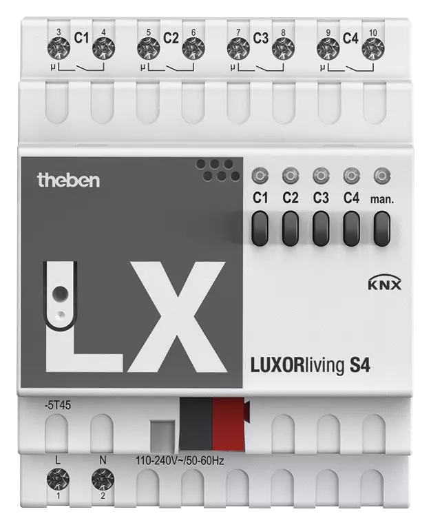 Актуатор изходи с ръчно управление S4 4x 230Vac 16A 4DIN LUXORliving Theben, KNX, 4800420