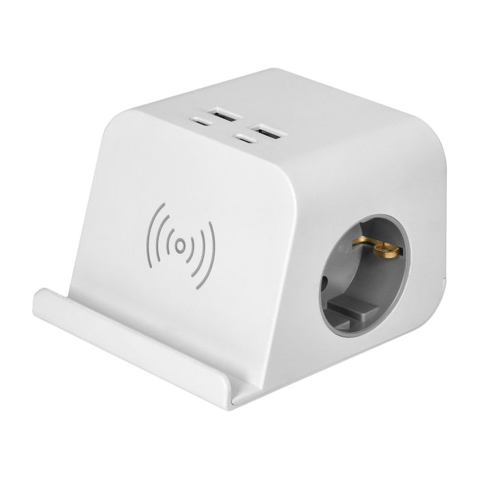 Настолен разклонител с безжично зарядно, 4 USB порта и два броя шуко, ORNO, OR-AE-13249(GS)/W