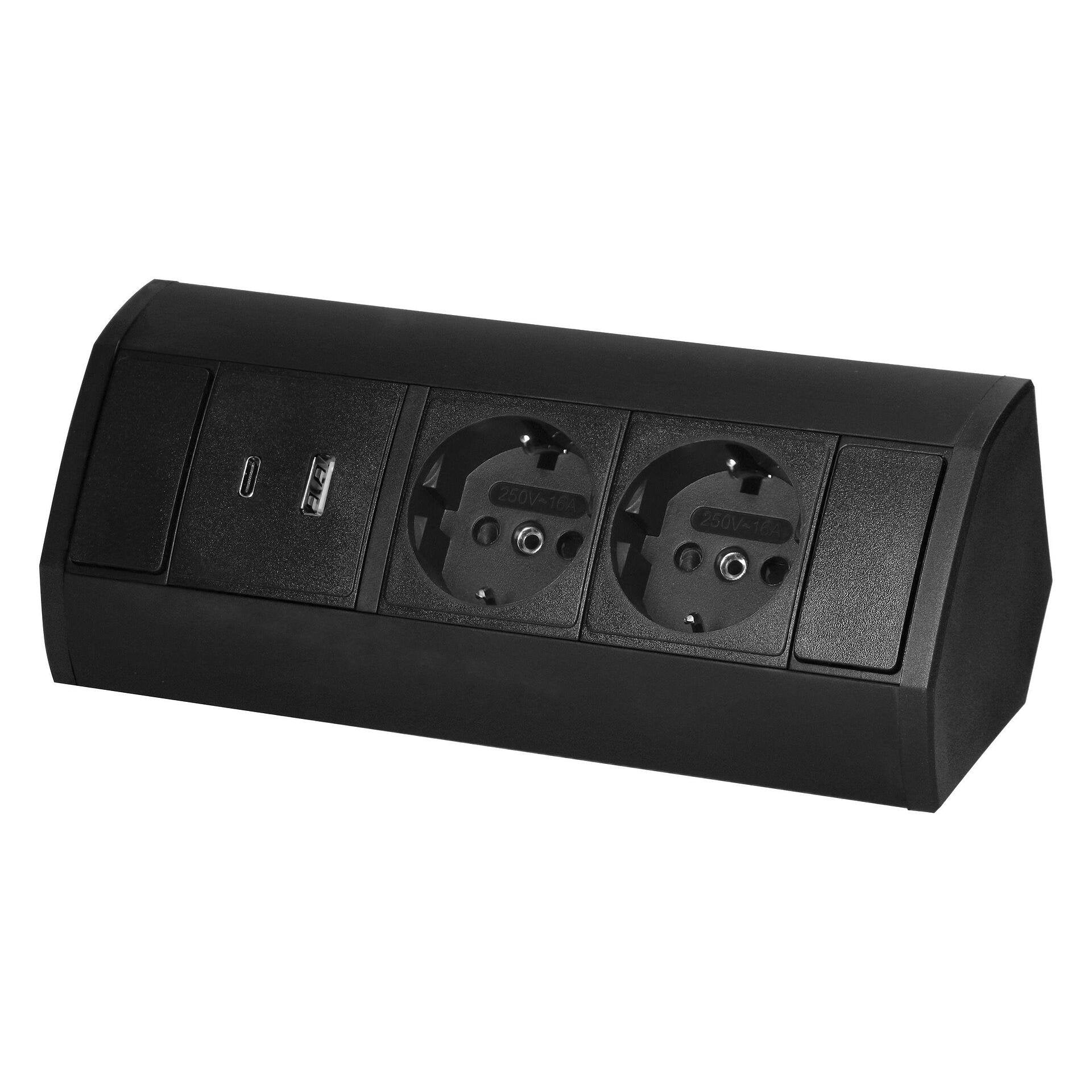 Ъглов контакт от ORNO 2x2P+E (Schuko), 2xUSB (тип A+C; 2.4A), черен, OR-GM-9039(GS)/B